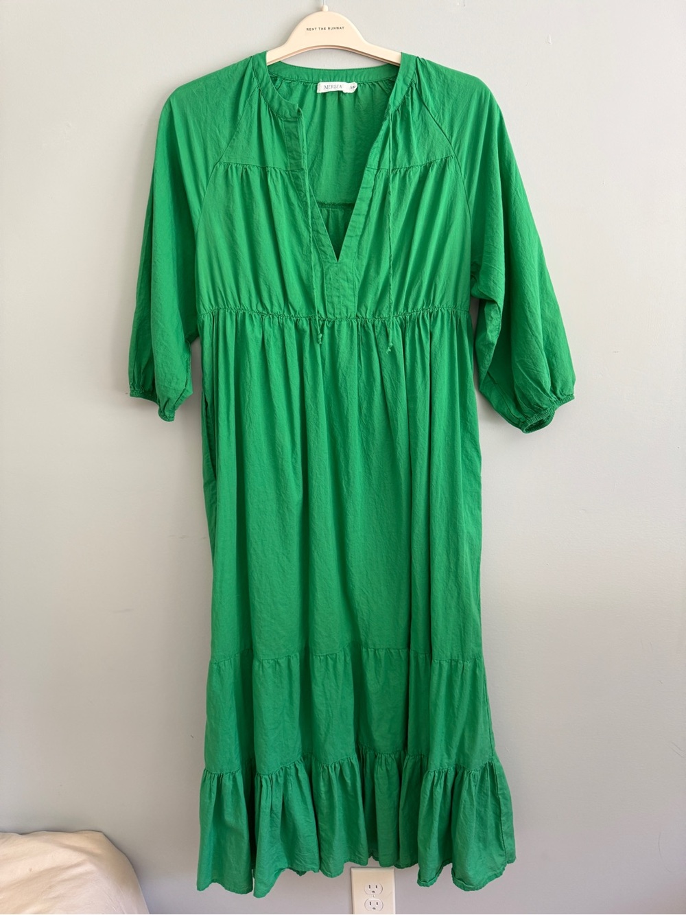 Green Cotton Tiered V-Neck Smock Dress